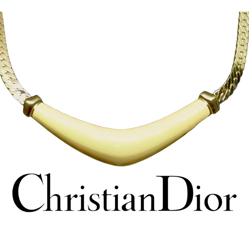 Vintage 1980s Christian Dior Gold Plate Ivory Enamel “V” Necklace